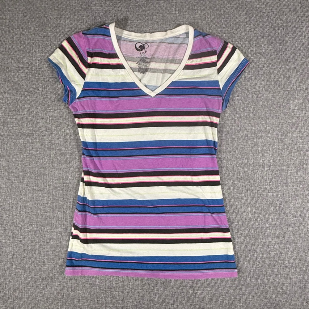 Ocean Pacific Striped V-Neck Tee Juniors Large 11-13 Purple Blue Skater Beachy